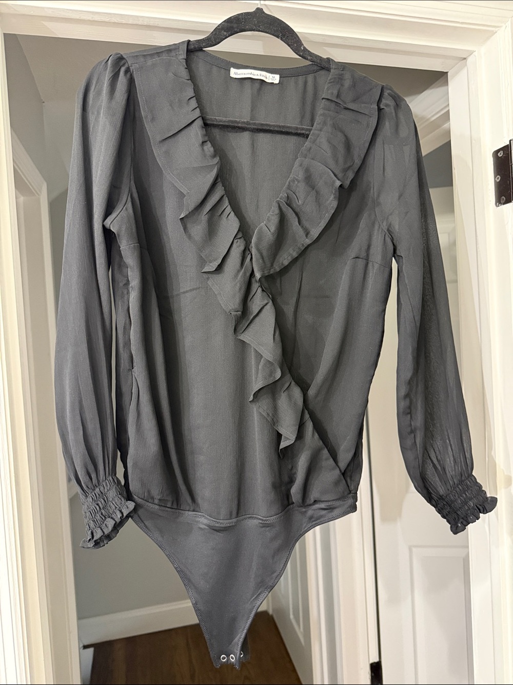 Abercrombie & Fitch Charcoal Gray Ruffle Wrap Bodysuit
